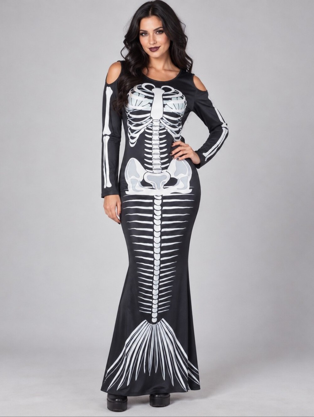 Womens Skeleton Mermaid Costume Maxi Dress Halloween Cold Shoulder Black